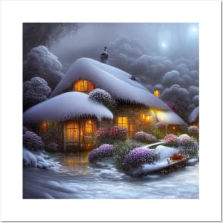 Magical Fantasy House with Lights in a Snowy Scene, Fantasy Cottagecore artwork Posters and Art